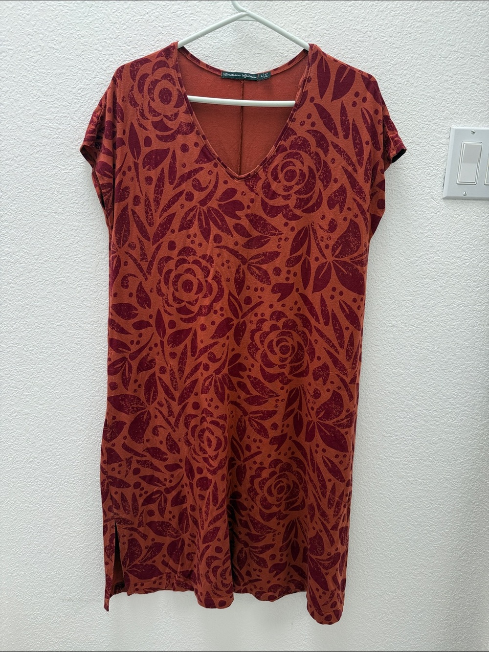 Gudrun Sjoden Rust Shirt Dress with Burgundy Floral Motif